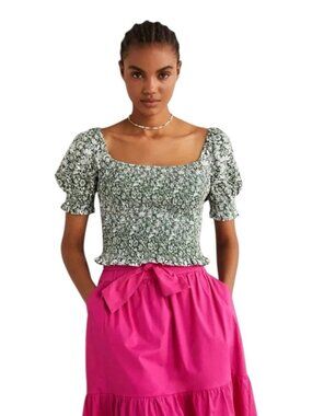 Boden Square Neck Smocked Top Crop Women’s 6‎ Green Floral